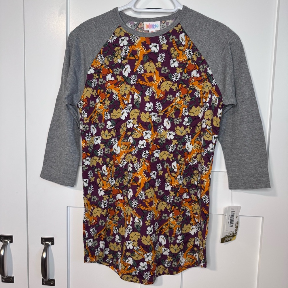 NWT LuLaRoe Randy Bambi All Over Print Raglan Baseball Shirt Women's Size XS New